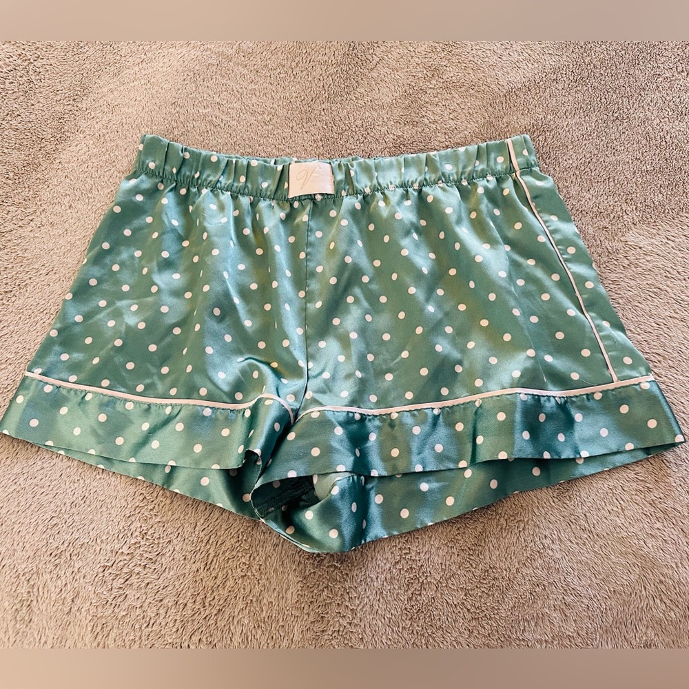 Light blue and white polka dot pajama shorts